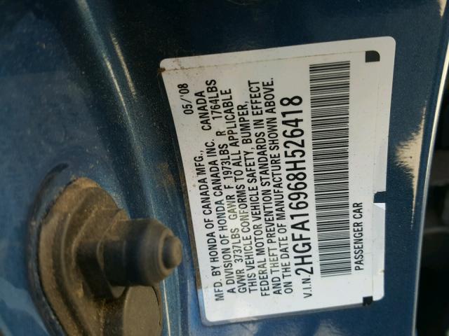2HGFA16968H526418 - 2008 HONDA CIVIC EXL 蓝色 照片 10