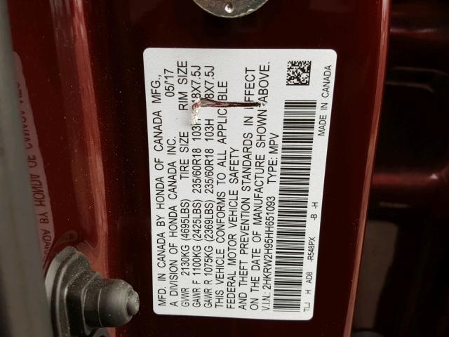 2HKRW2H95HH651093 - 2017 HONDA CR-V TOURI MAROON photo 10