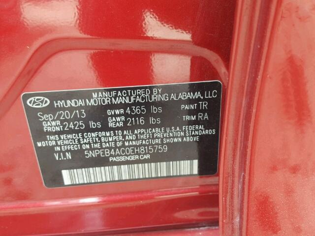 5NPEB4AC0EH815759 - 2014 HYUNDAI SONATA RED photo 10