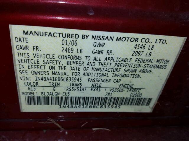 1N4BA41E66C835945 - 2006 NISSAN MAXIMA SE RED photo 10