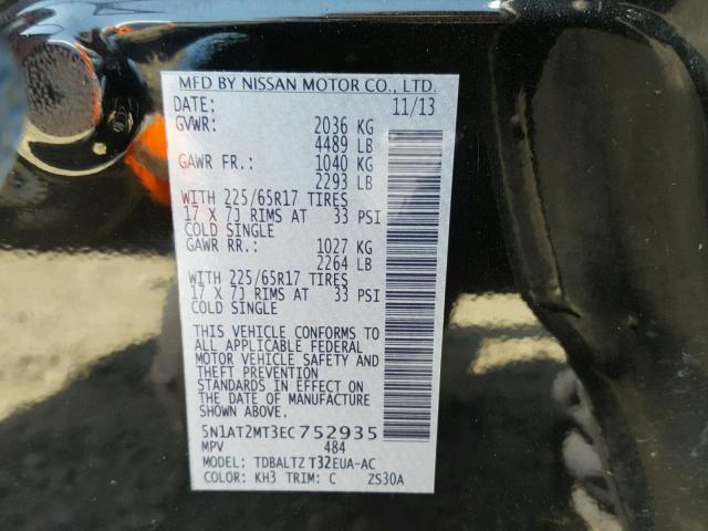 5N1AT2MT3EC752935 - 2014 NISSAN ROGUE S BLACK photo 10