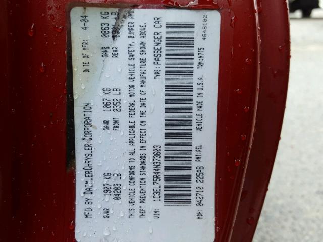 1C3EL75R44N373603 - 2004 CHRYSLER SEBRING GT RED photo 10