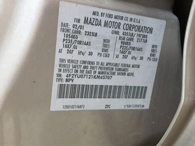 4F2YU07121KM45707 - 2001 MAZDA TRIBUTE DX 棕色 照片 10