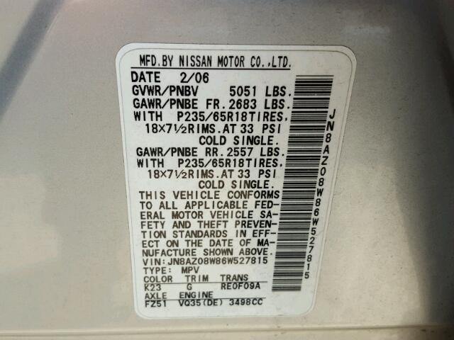 JN8AZ08W86W527815 - 2006 NISSAN MURANO SILVER photo 10