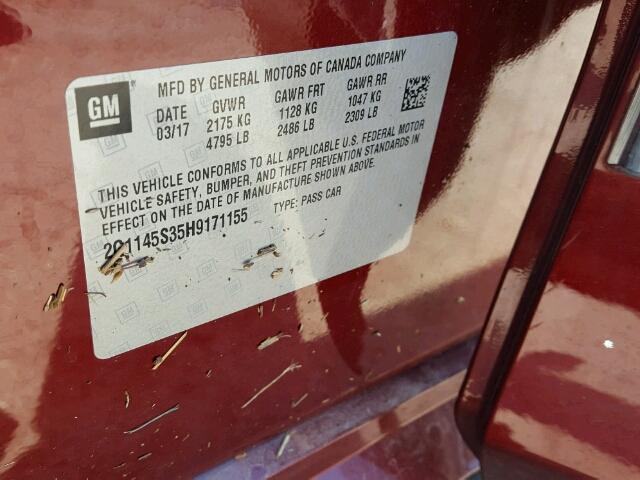 2G1145S35H9171155 - 2017 CHEVROLET IMPALA PRE MAROON photo 10