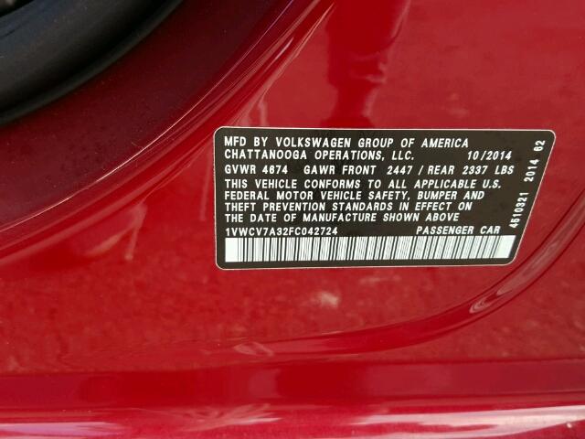 1VWCV7A32FC042724 - 2015 VOLKSWAGEN PASSAT RED photo 10