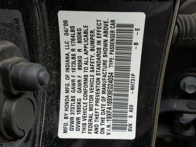 19XFA169X9E024054 - 2009 HONDA CIVIC EXL 黑色 照片 10