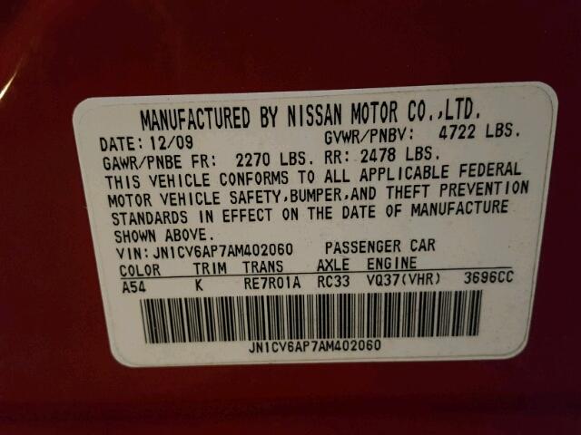 JN1CV6AP7AM402060 - 2010 INFINITI G37 BASE RED photo 10