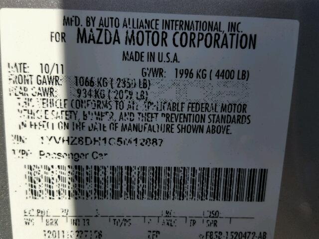 1YVHZ8DH1C5M12887 - 2012 MAZDA 6 I SILVER photo 10