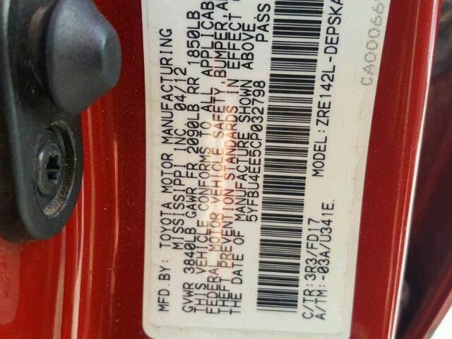 5YFBU4EE5CP032798 - 2012 TOYOTA COROLLA BA RED photo 10