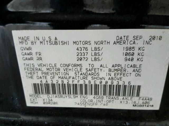 4A32B2FF3BE009336 - 2011 MITSUBISHI GALANT BLACK photo 10