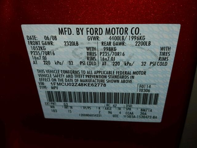 1FMCU02Z48KE62778 - 2008 FORD ESCAPE MAROON photo 10