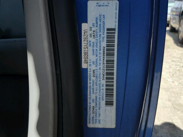 3VWCC21C9YM498892 - 2000 VOLKSWAGEN NEW BEETLE 蓝色 照片 10