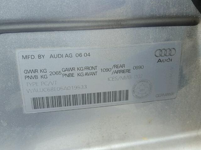 WAUJC68E05A019533 - 2005 AUDI A4 1.8T SILVER photo 10