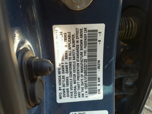 19XFA1F34BE032135 - 2011 HONDA CIVIC VP BLUE photo 10