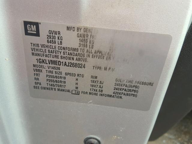 1GKLVMED1AJ268024 - 2010 GMC ACADIA SLT 银色 照片 10