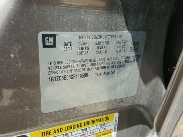 1G1ZC5E08CF119588 - 2012 CHEVROLET MALIBU 1LT BEIGE photo 10