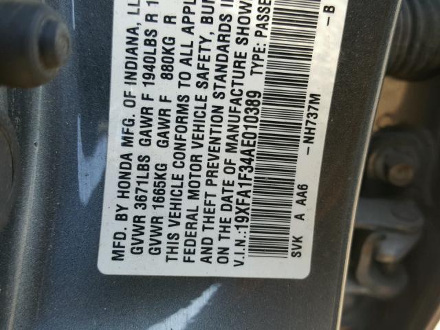 19XFA1F34AE010389 - 2010 HONDA CIVIC VP GRAY photo 10