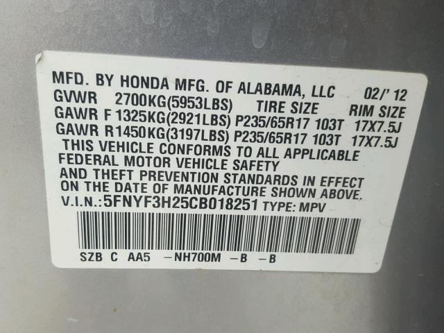 5FNYF3H25CB018251 - 2012 HONDA PILOT LX SILVER photo 10