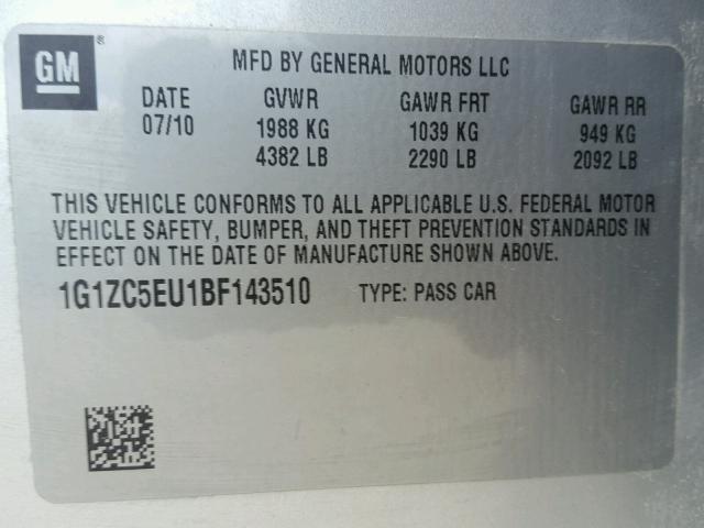 1G1ZC5EU1BF143510 - 2011 CHEVROLET MALIBU 1LT 银色 照片 10