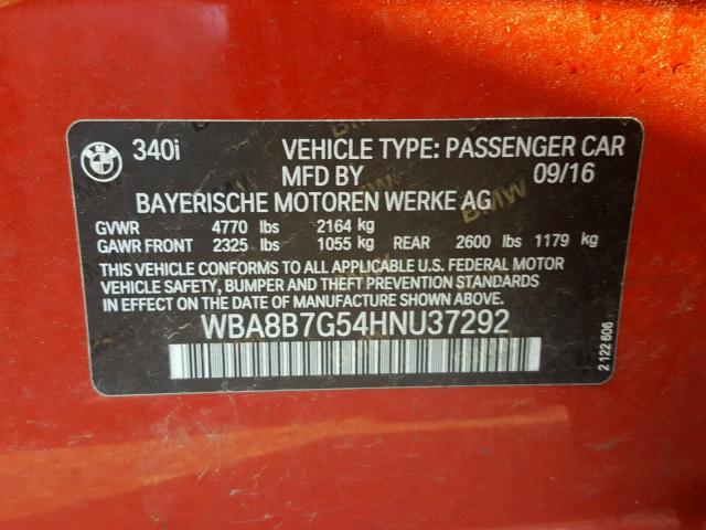 WBA8B7G54HNU37292 - 2017 BMW 340 XI RED photo 10