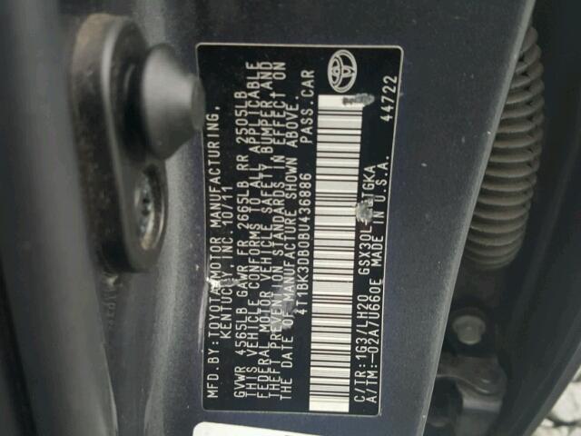 4T1BK3DB0BU436886 - 2011 TOYOTA AVALON BAS GRAY photo 10