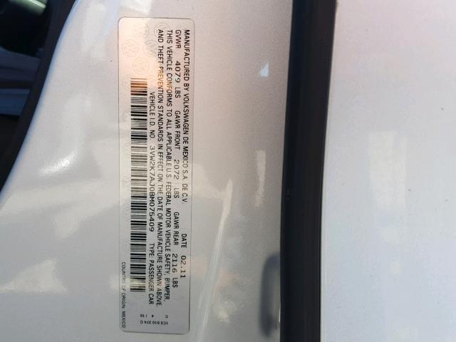 3VW2K7AJ0BM075409 - 2011 VOLKSWAGEN JETTA BASE 银色 照片 10