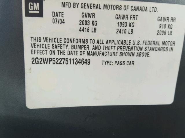 2G2WP522751134649 - 2005 PONTIAC GRAND PRIX GRAY photo 10