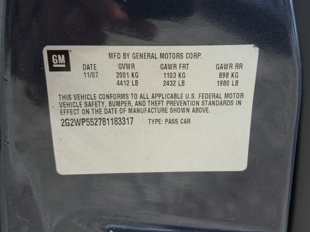 2G2WP552781183317 - 2008 PONTIAC GRAND PRIX BLUE photo 10
