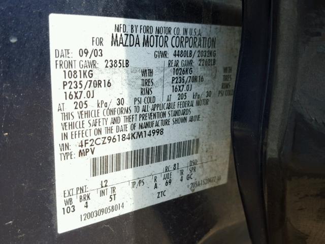 4F2CZ96184KM14998 - 2004 MAZDA TRIBUTE ES 蓝色 照片 10