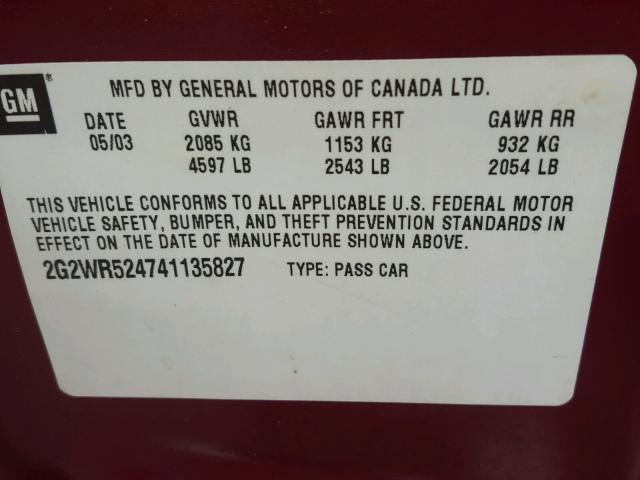 2G2WR524741135827 - 2004 PONTIAC GRAND PRIX MAROON photo 9