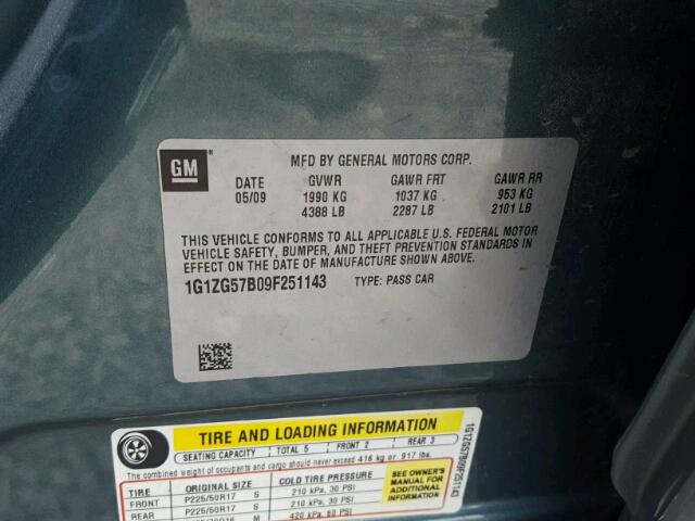 1G1ZG57B09F251143 - 2009 CHEVROLET MALIBU LS Dəniz mavisi foto 10