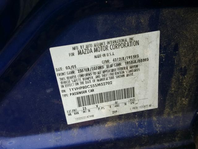 1YVHP80C555M52702 - 2005 MAZDA 6 I Mavi foto 10