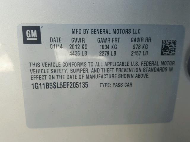 1G11B5SL5EF205135 - 2014 CHEVROLET MALIBU LS თაფლისფერი ფოტო 10