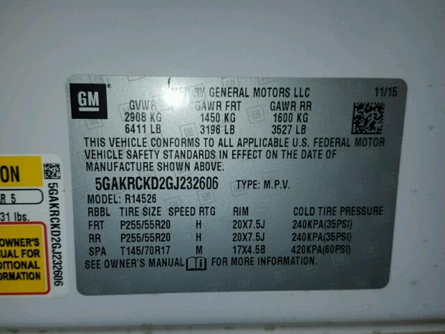 5GAKRCKD2GJ232606 - 2016 BUICK ENCLAVE თეთრი ფოტო 10