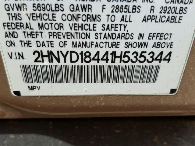 2HNYD18441H535344 - 2001 ACURA MDX GOLD photo 10