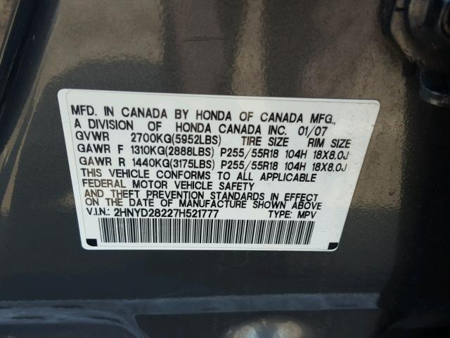 2HNYD28227H521777 - 2007 ACURA MDX GRAY photo 10