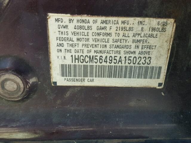 1HGCM56495A150233 - 2005 HONDA ACCORD BLACK photo 10