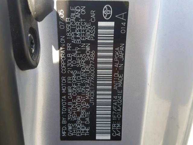 JTKDE177X60077486 - 2006 TOYOTA SCION TC 银色 照片 10