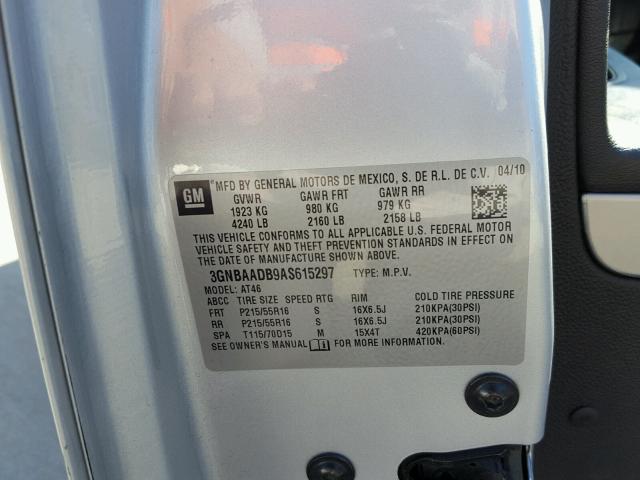 3GNBAADB9AS615297 - 2010 CHEVROLET HHR LS SILVER photo 10