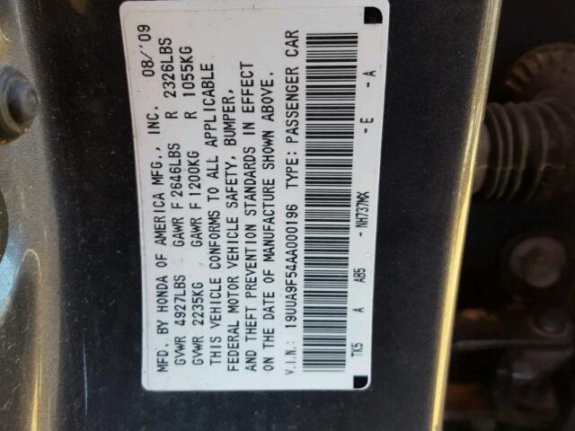 19UUA9F54AA000196 - 2010 ACURA TL GRAY photo 10