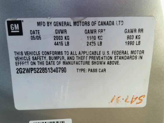 2G2WP522851340790 - 2005 PONTIAC GRAND PRIX SILVER photo 10