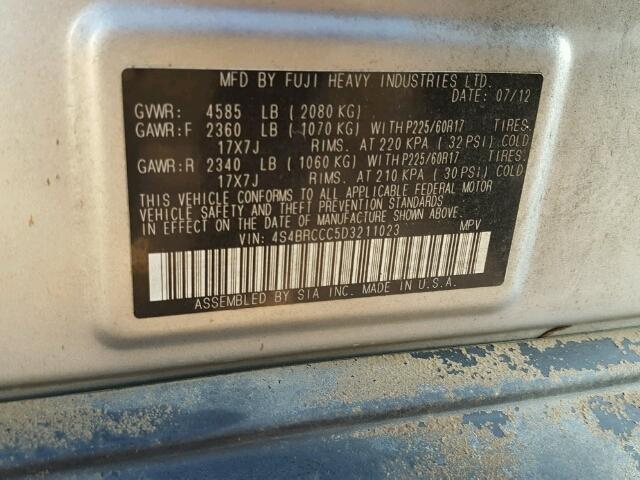 4S4BRCCC5D3211023 - 2013 SUBARU OUTBACK GRAY photo 10