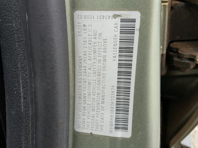 WVWRH63BX1P103676 - 2001 VOLKSWAGEN PASSAT GLX GREEN photo 10