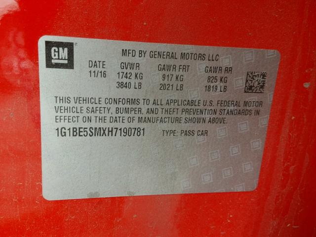 1G1BE5SMXH7190781 - 2017 CHEVROLET CRUZE LT RED photo 10