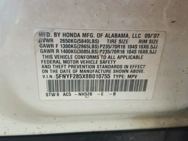 5FNYF285X8B010755 - 2008 HONDA PILOT WHITE photo 10