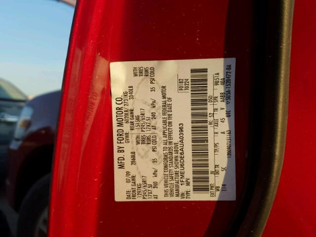 1FMEU6DE6AUA03963 - 2010 FORD EXPLORER RED photo 10