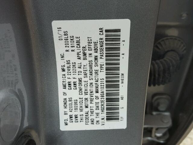 1HGCR2E38GA102315 - 2016 HONDA ACCORD SILVER photo 10