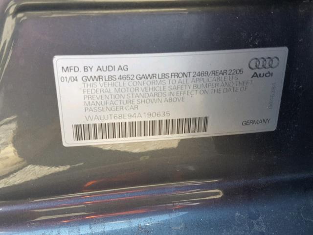 WAUJT68E94A190635 - 2004 AUDI A4 3.0 GRAY photo 10