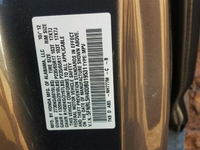 5FNRL5H40DB019531 - 2013 HONDA ODYSSEY EX GRAY photo 10